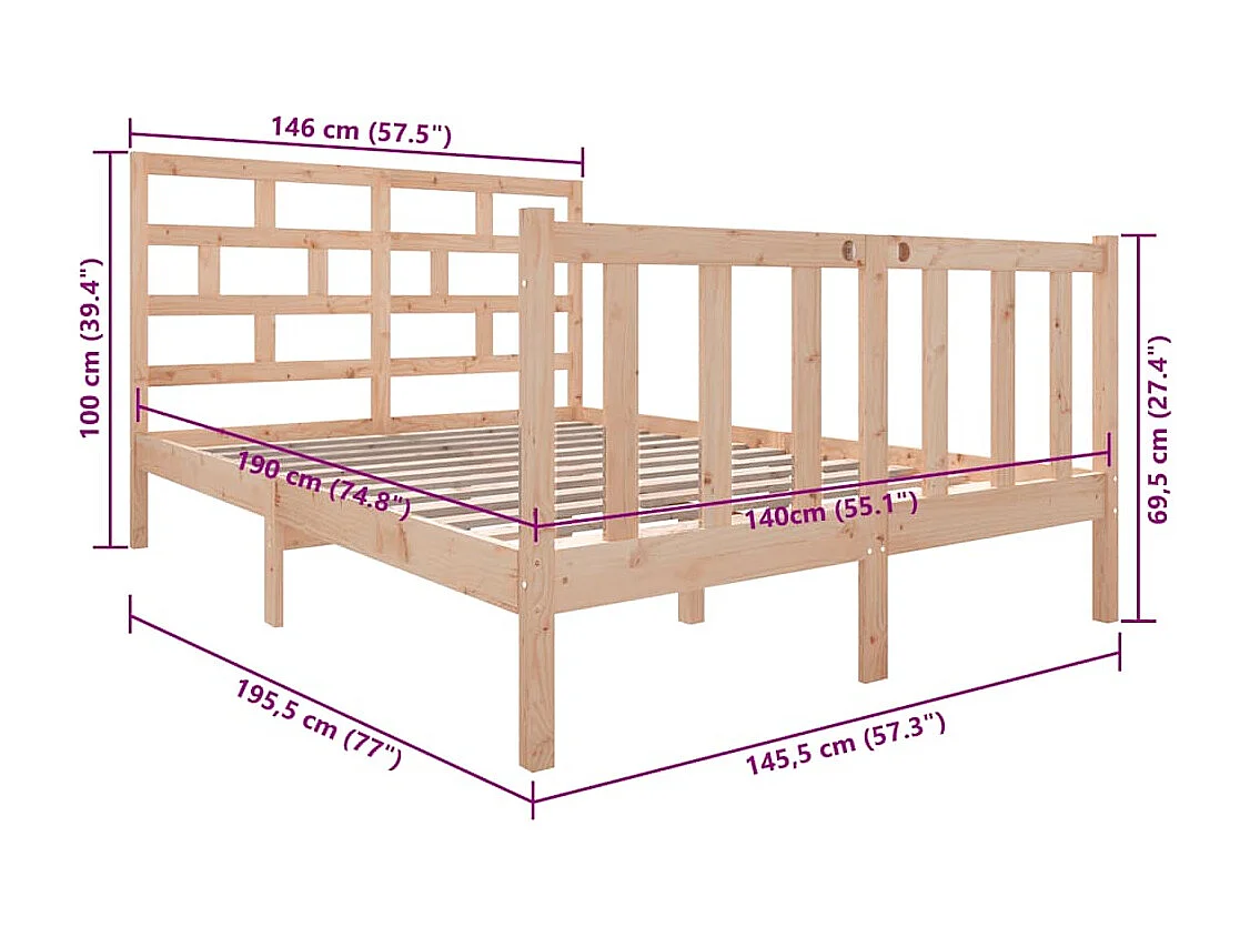 Bedframe zonder matras massief hout 140x190 cm