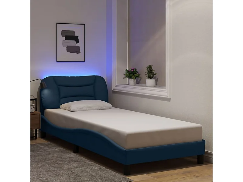 Cadre de lit avec LED sans matelas bleu 90x200 cm tissu