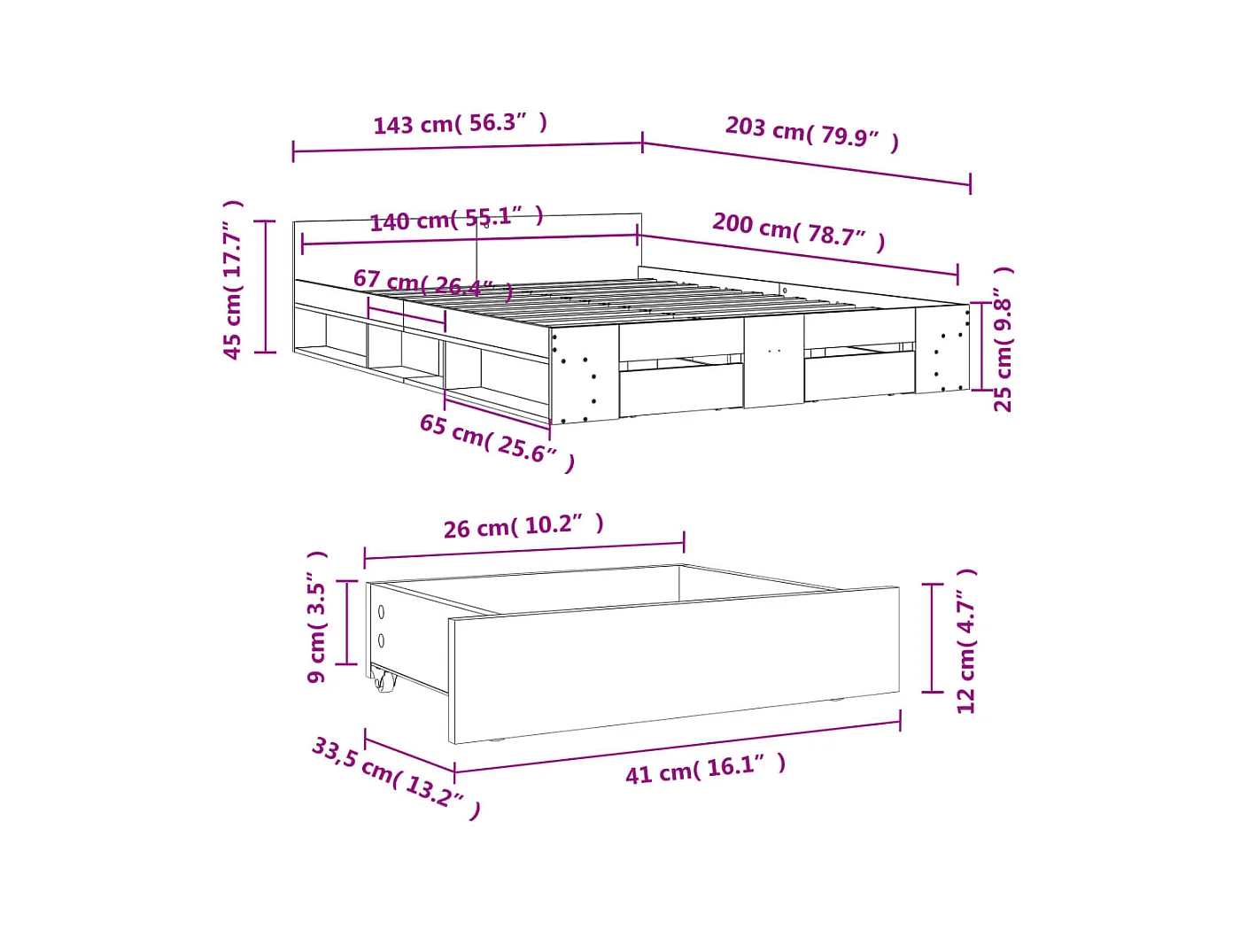 Bedframe met lades zonder matras wit 140x200 cm