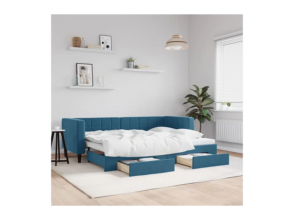 Dagbed met onderschuifbed en lades zonder matras blauw 80x200 cm