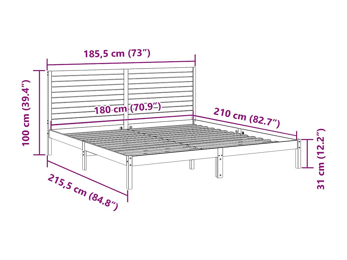 Cadre de lit extra long sans matelas 180x210 cm bois massif