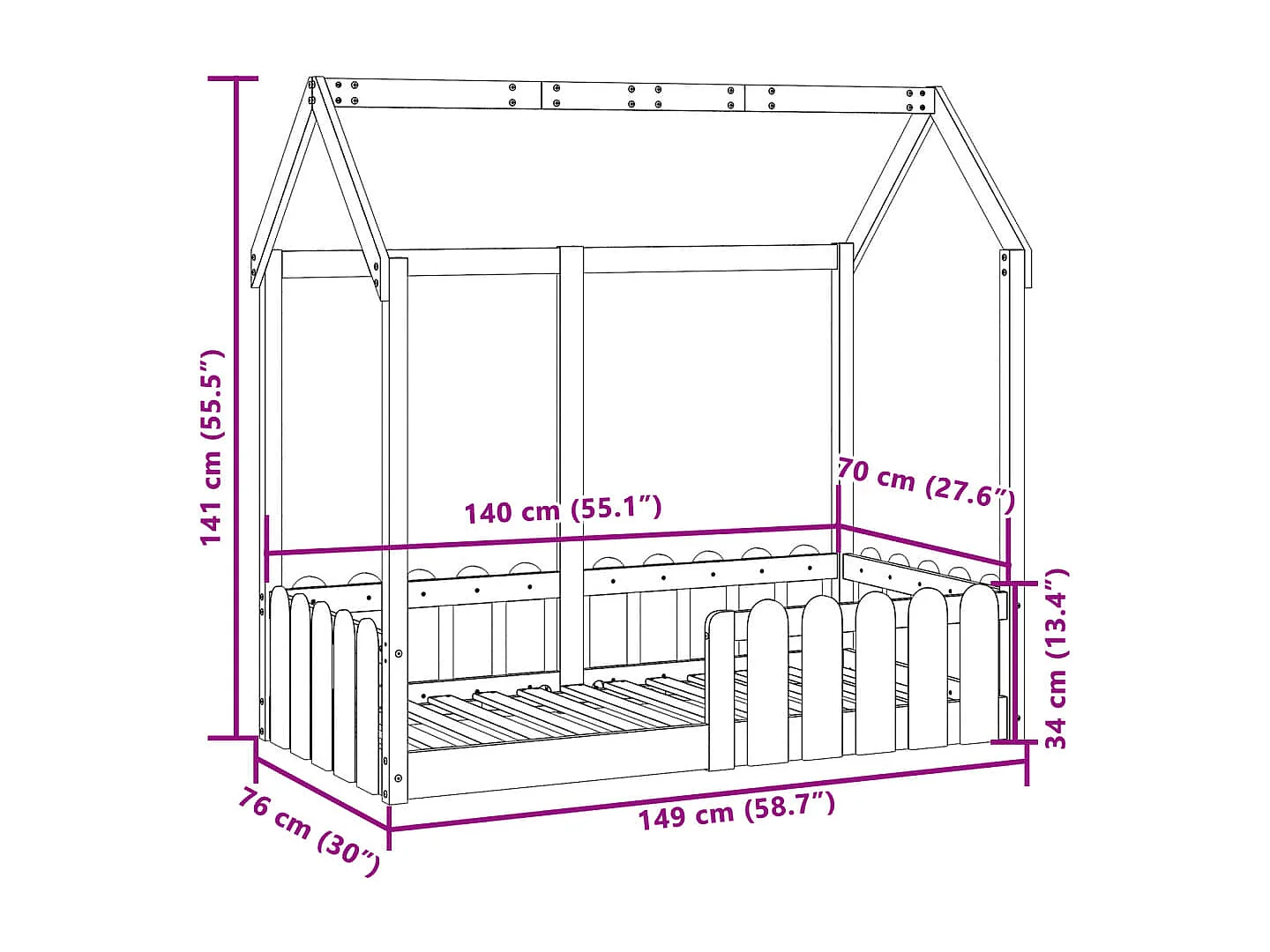 Kinderbettgestell Hausform ohne Matratze 70x140 cm