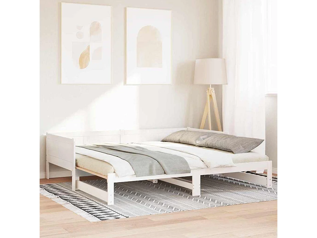 Divano letto estraibile bianco 180 x 200 cm in legno massello di pino