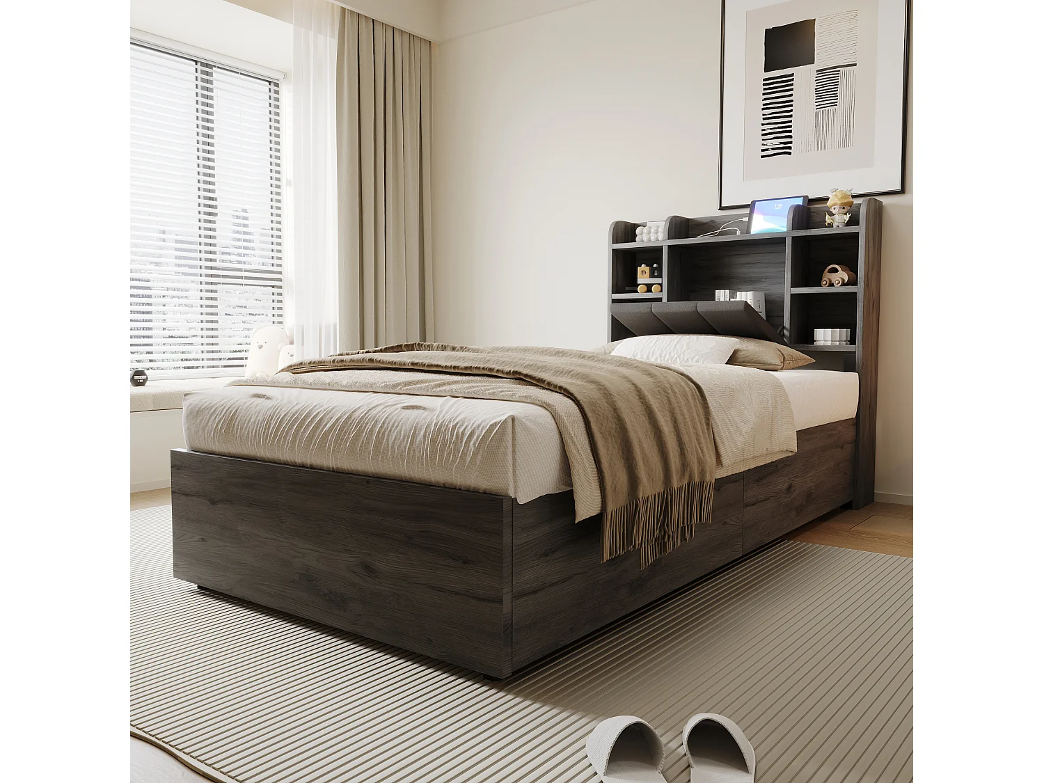 Bed met hydraulische opbergruimte 90 x 200 cm, hoofdbord met opbergruimte, USB- en Tape-C-aansluiting, MDF, grijs (221x94,2x99,5 cm)