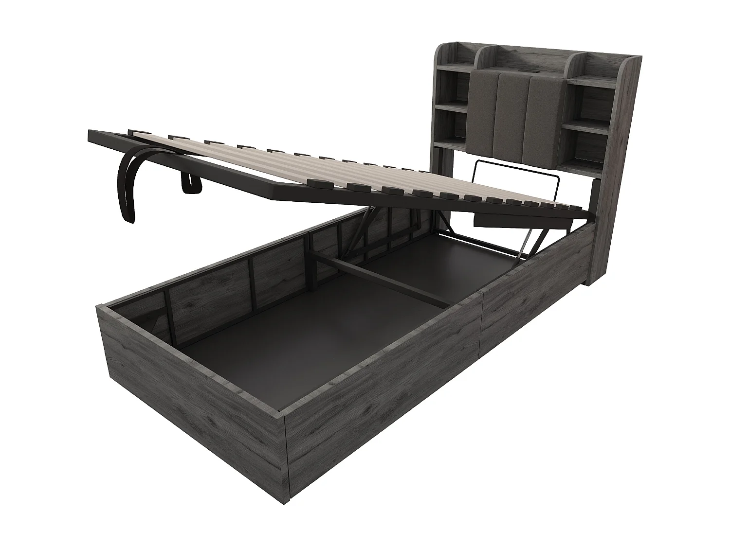 Bed met hydraulische opbergruimte 90 x 200 cm, hoofdbord met opbergruimte, USB- en Tape-C-aansluiting, MDF, grijs (221x94,2x99,5 cm)