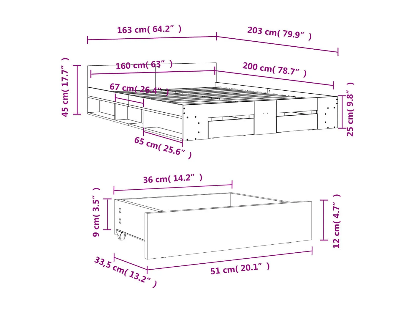 Struttura letto con cassetti senza materasso bianco 160x200 cm