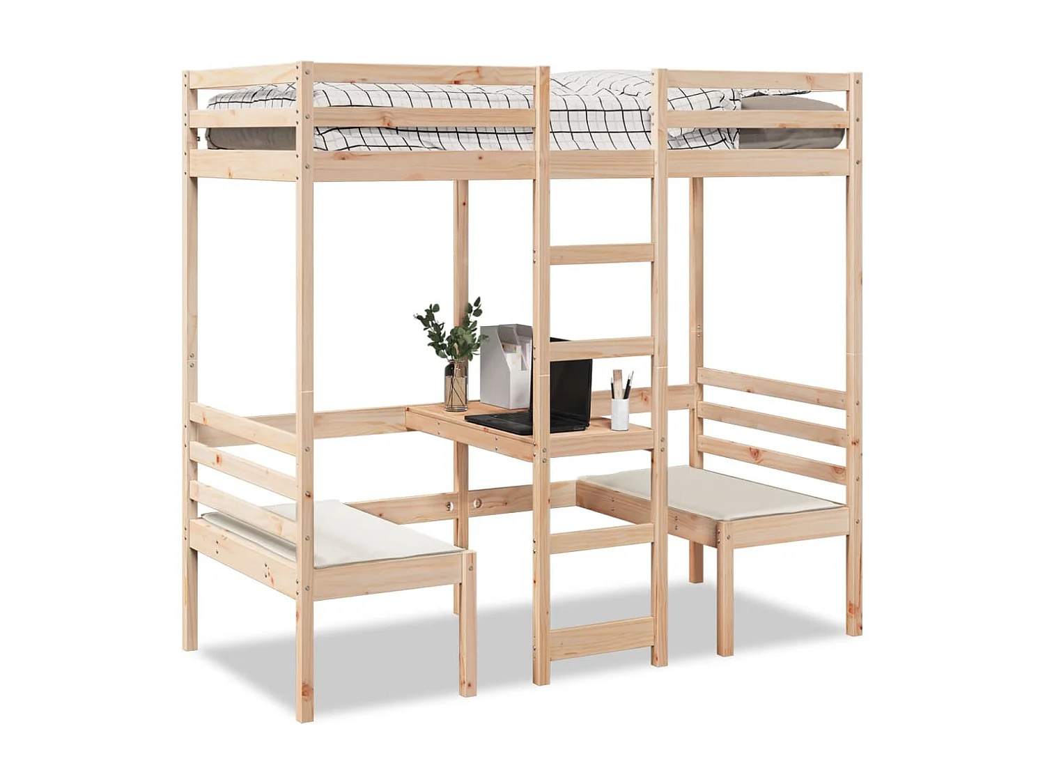 Lit mezzanine avec bureau et chaises 75x190 cm pin massif