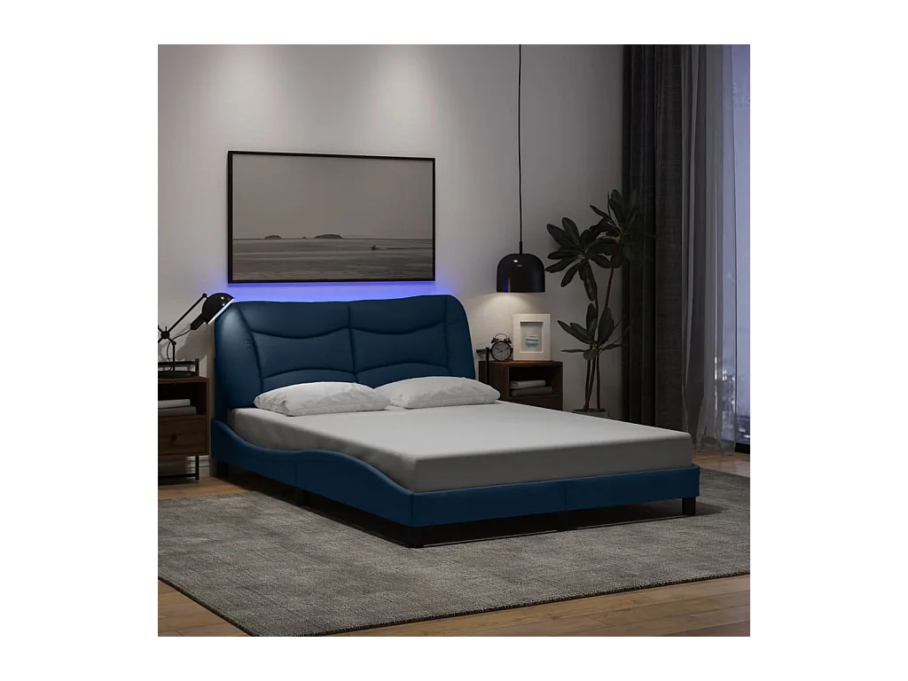 Cadre de lit avec LED sans matelas bleu 140x190 cm tissu
