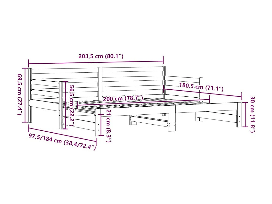 Tagesbett und Ausziehbett ohne Matratze 90x200 cm Massivholz