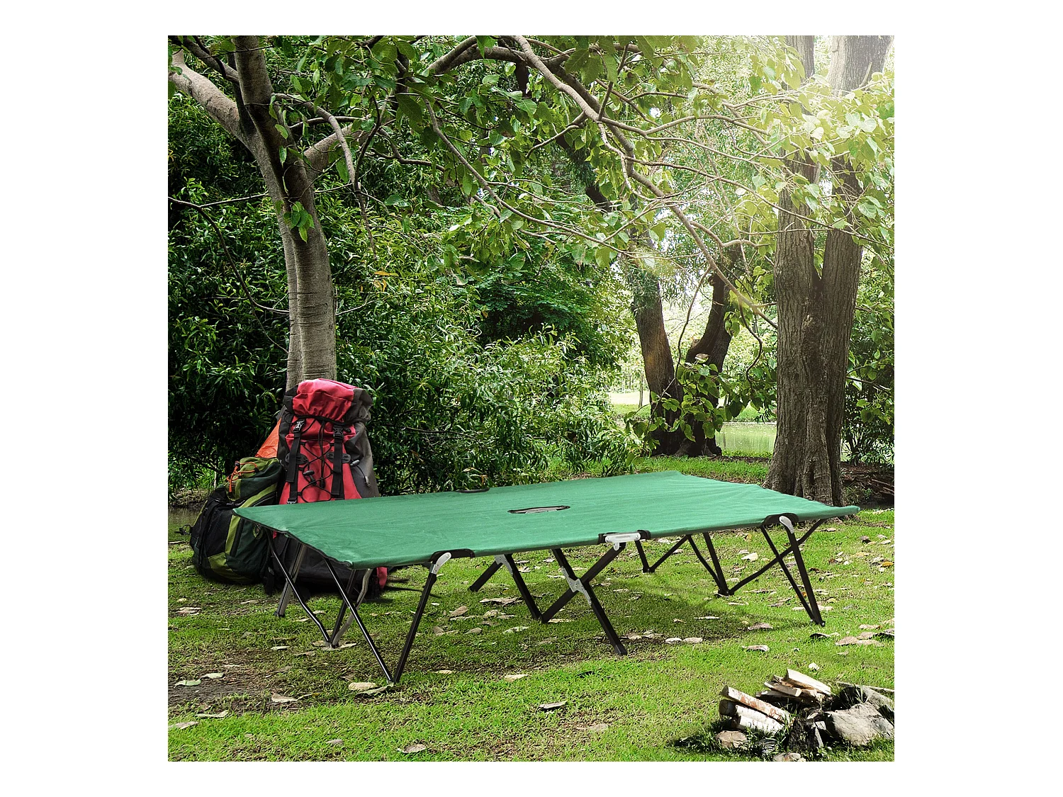 Lit de Camping pour 2 personnes, cadre en acier, toile Oxford, vert et noir (193x125x40 cm)