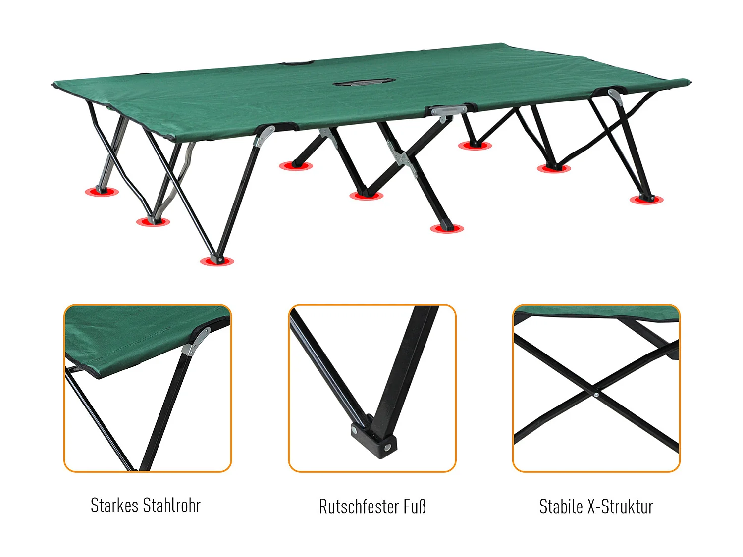 Lit de Camping pour 2 personnes, cadre en acier, toile Oxford, vert et noir (193x125x40 cm)