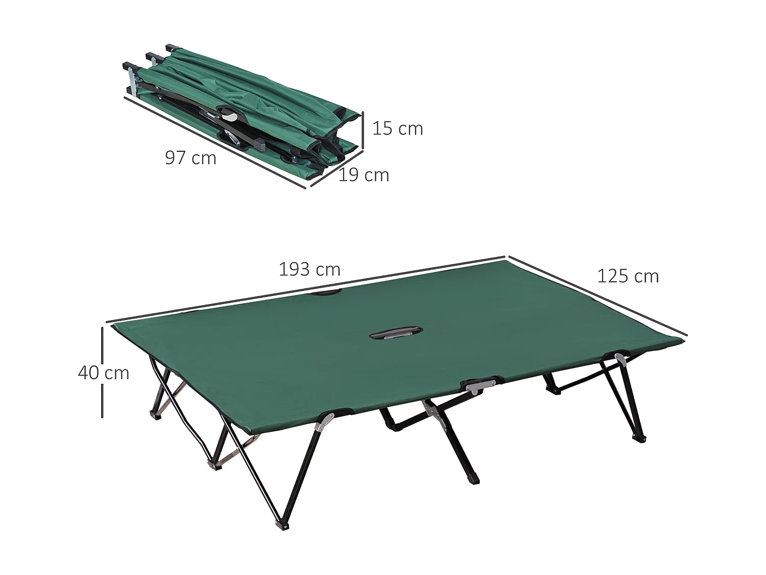 Campingbed voor 2 personen, stalen frame, Oxford canvas, groen en zwart (193x125x40 cm)