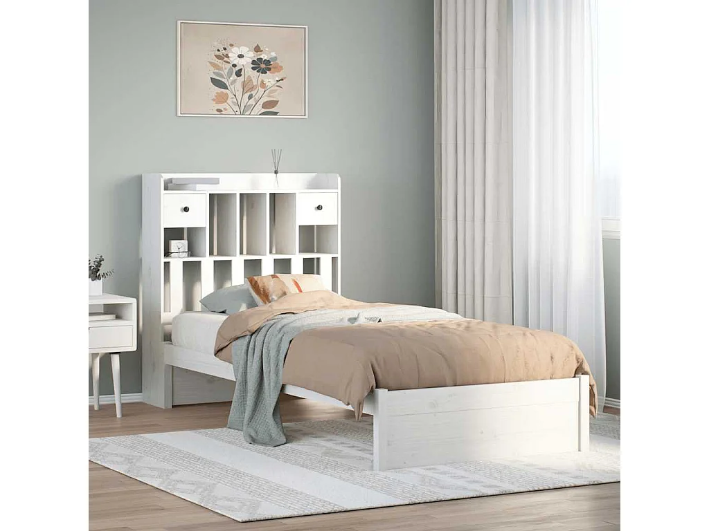 Lit bibliothèque sans matelas blanc 75x190cm bois de pin massif