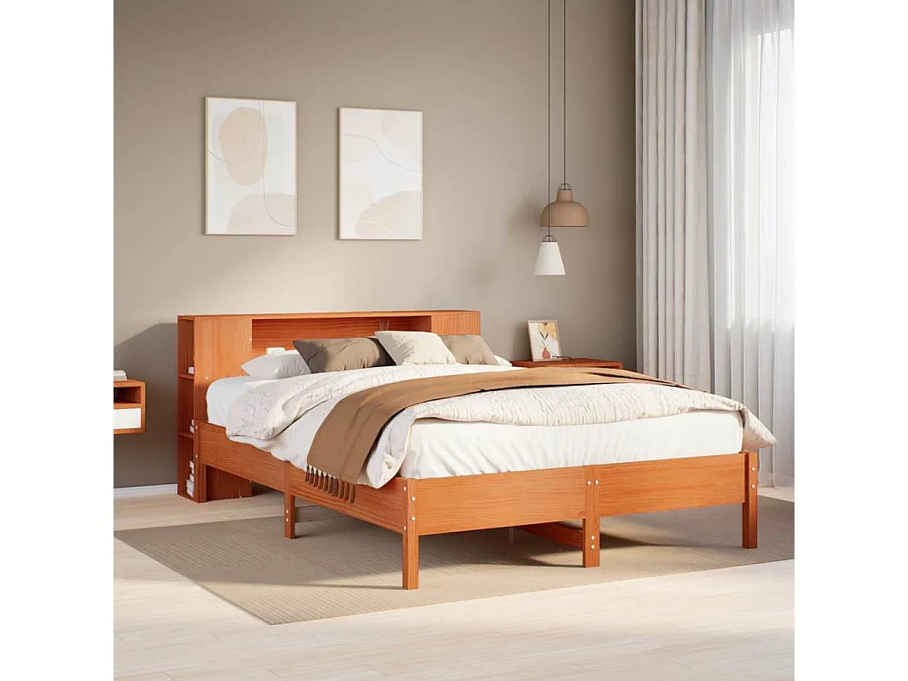 Lit bibliothèque sans matelas cire marron 135x190 cm pin massif