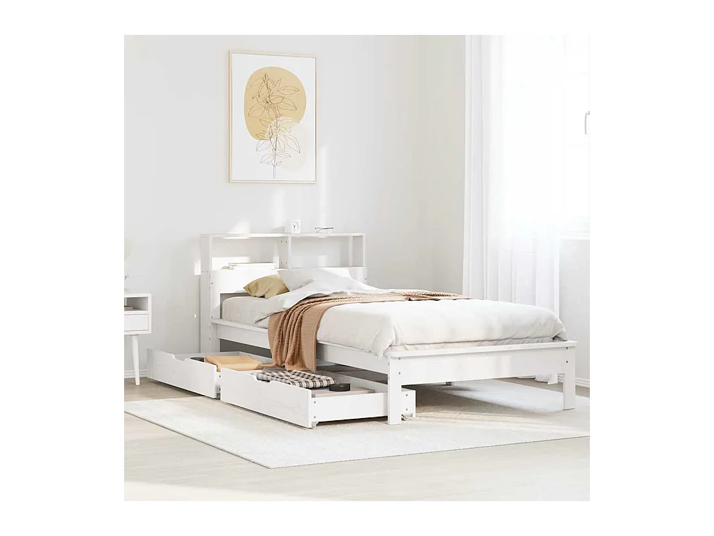 Cama librería blanca sin colchón 75x190cm madera maciza de pino