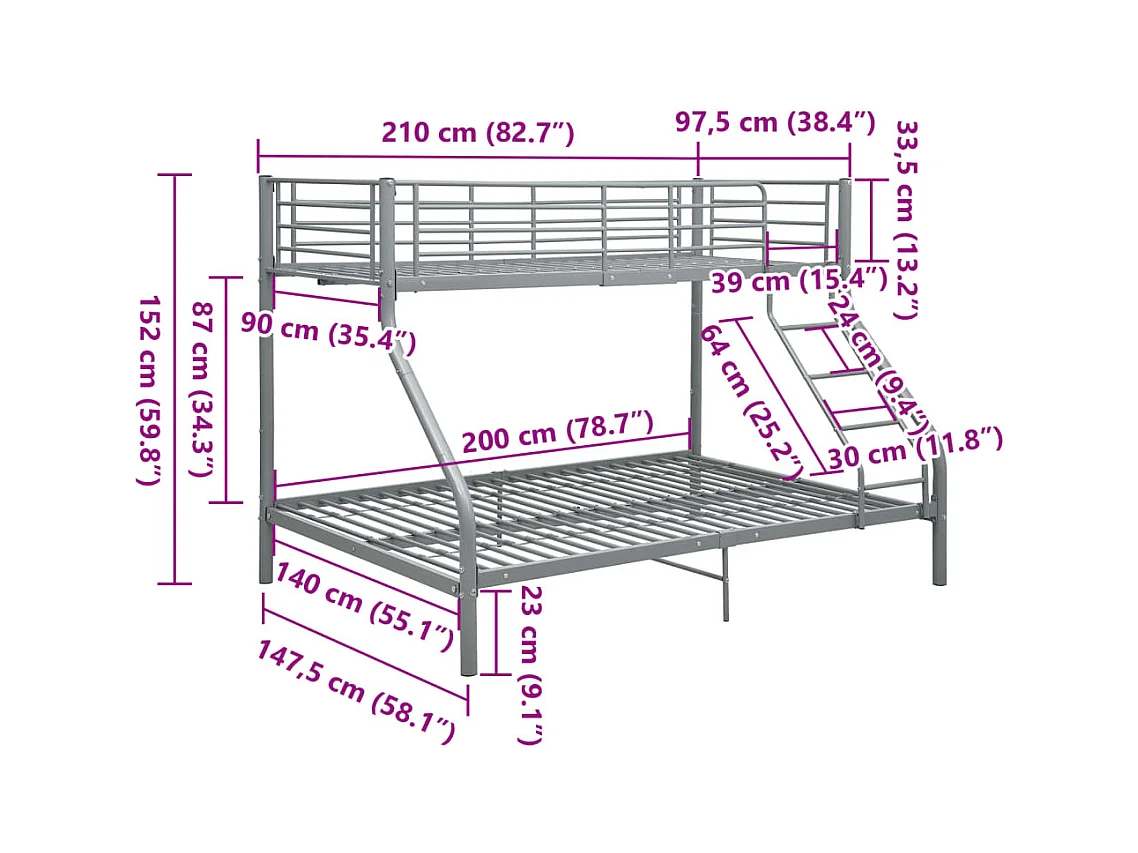 Struttura per letto a castello senza materasso grigio 140x200 cm/90x200 cm