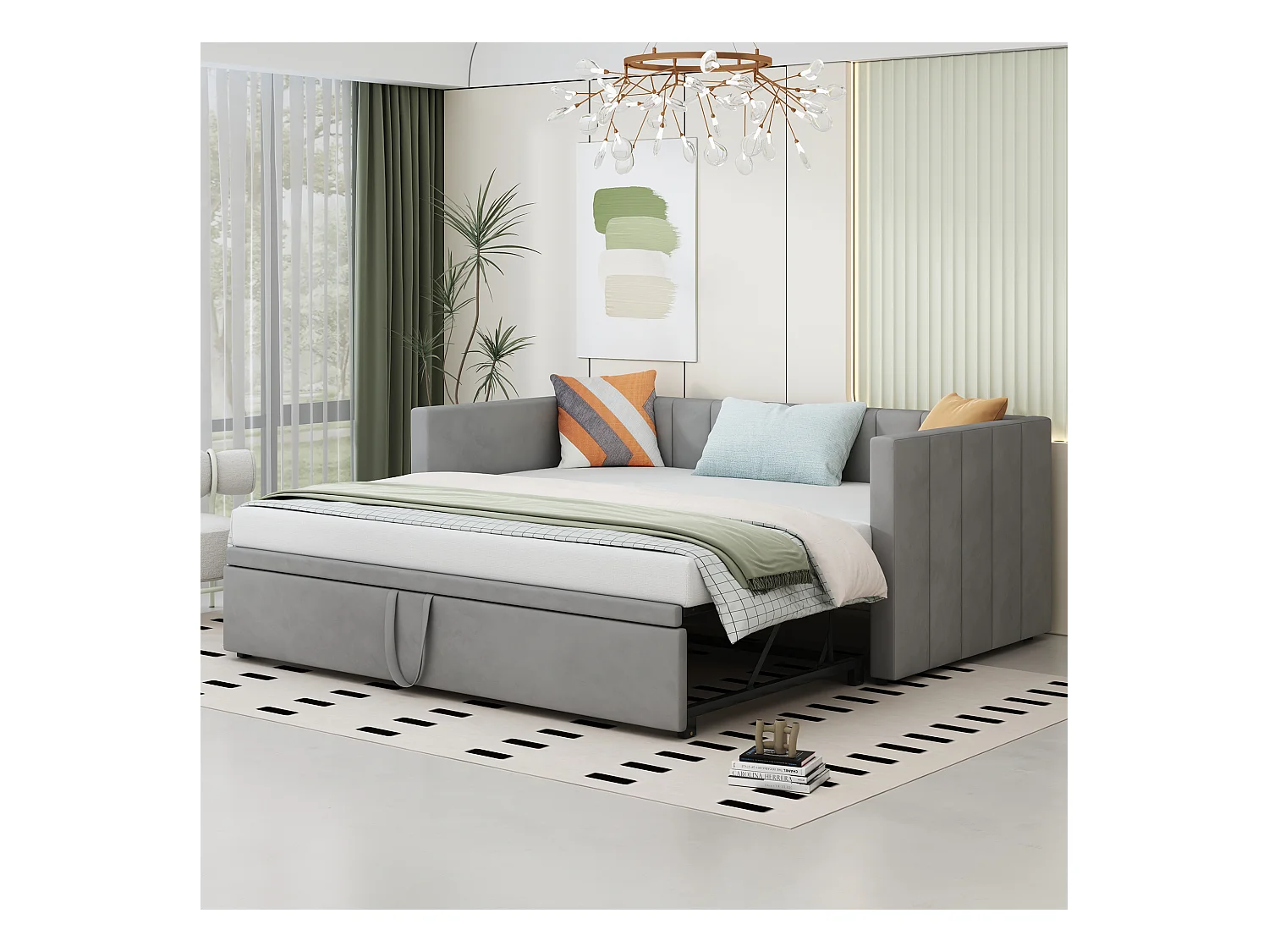 Sofá cama convertible con somier, multifuncional, en suave terciopelo gris (213x188x74 cm)