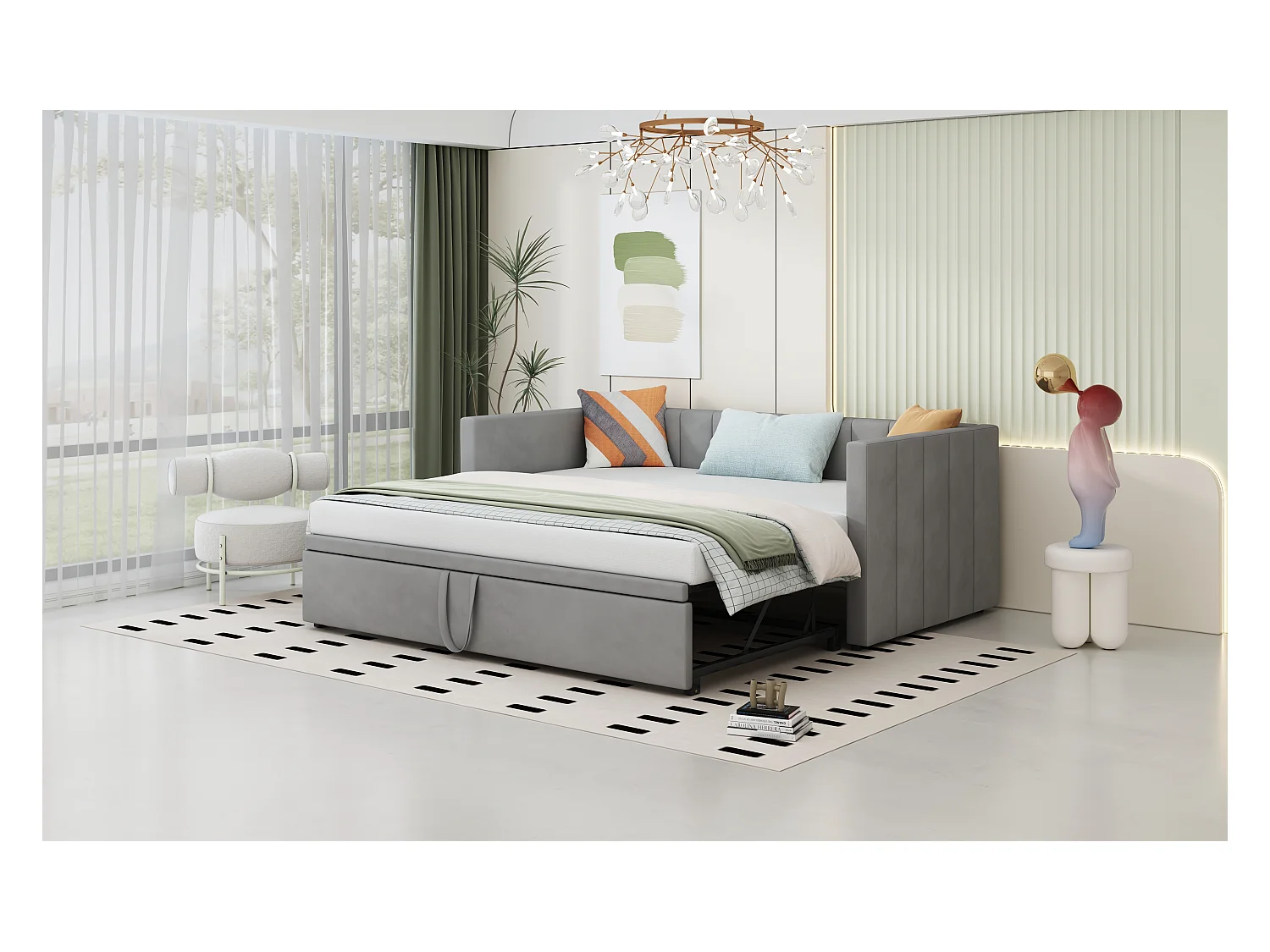 Sofá cama convertible con somier, multifuncional, en suave terciopelo gris (213x188x74 cm)