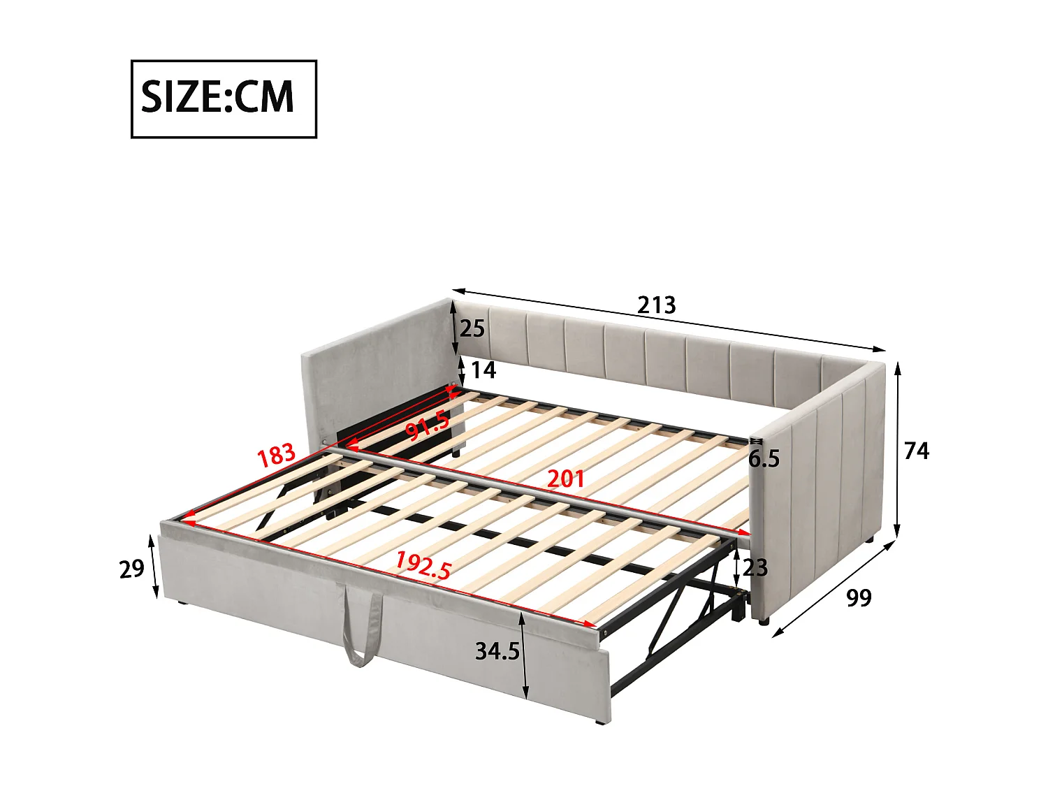 Sofá cama convertible con somier, multifuncional, en suave terciopelo gris (213x188x74 cm)