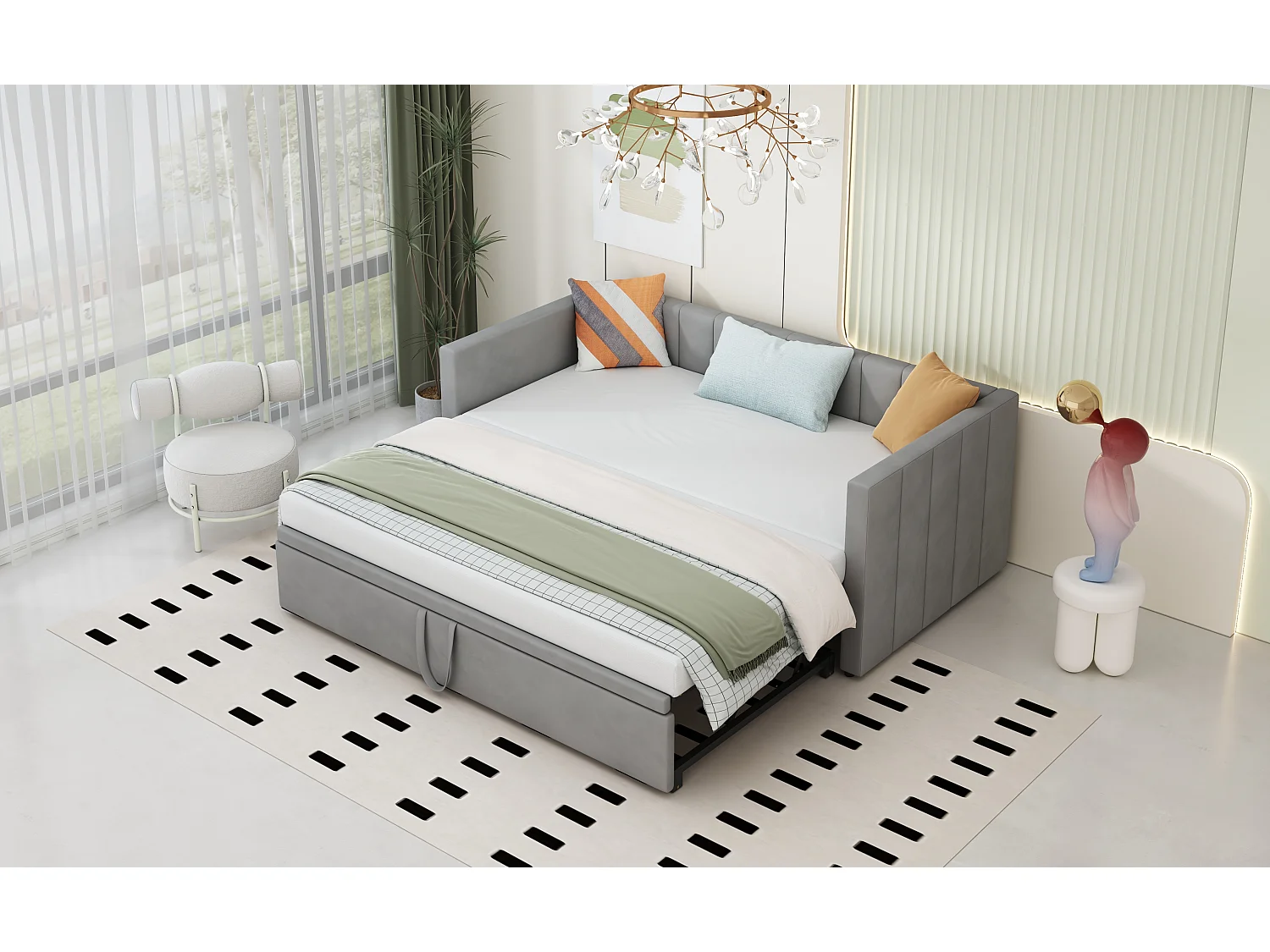 Sofá cama convertible con somier, multifuncional, en suave terciopelo gris (213x188x74 cm)