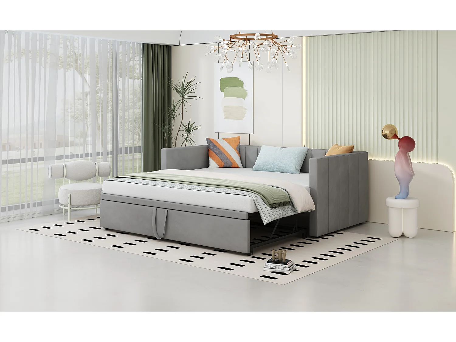 Lit convertible canapé avec cadre à lattes, multifonction en velours doux gris (213x188x74 cm)