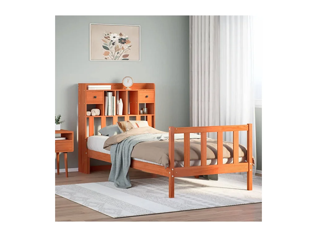 Lit bibliothèque sans matelas cire marron 100x200 cm pin massif