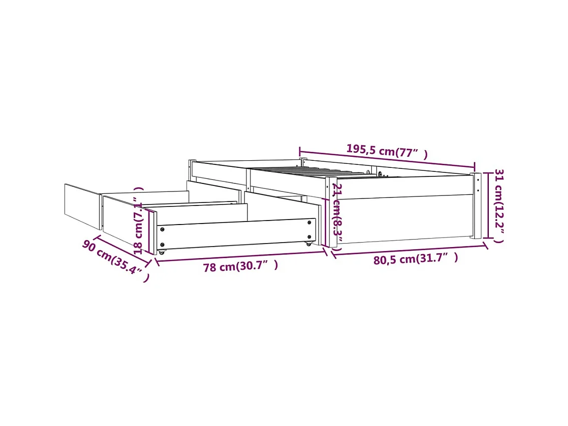 Cadre de lit sans matelas avec tiroirs