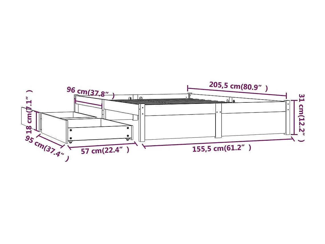 Bedframe zonder matras met lades wit