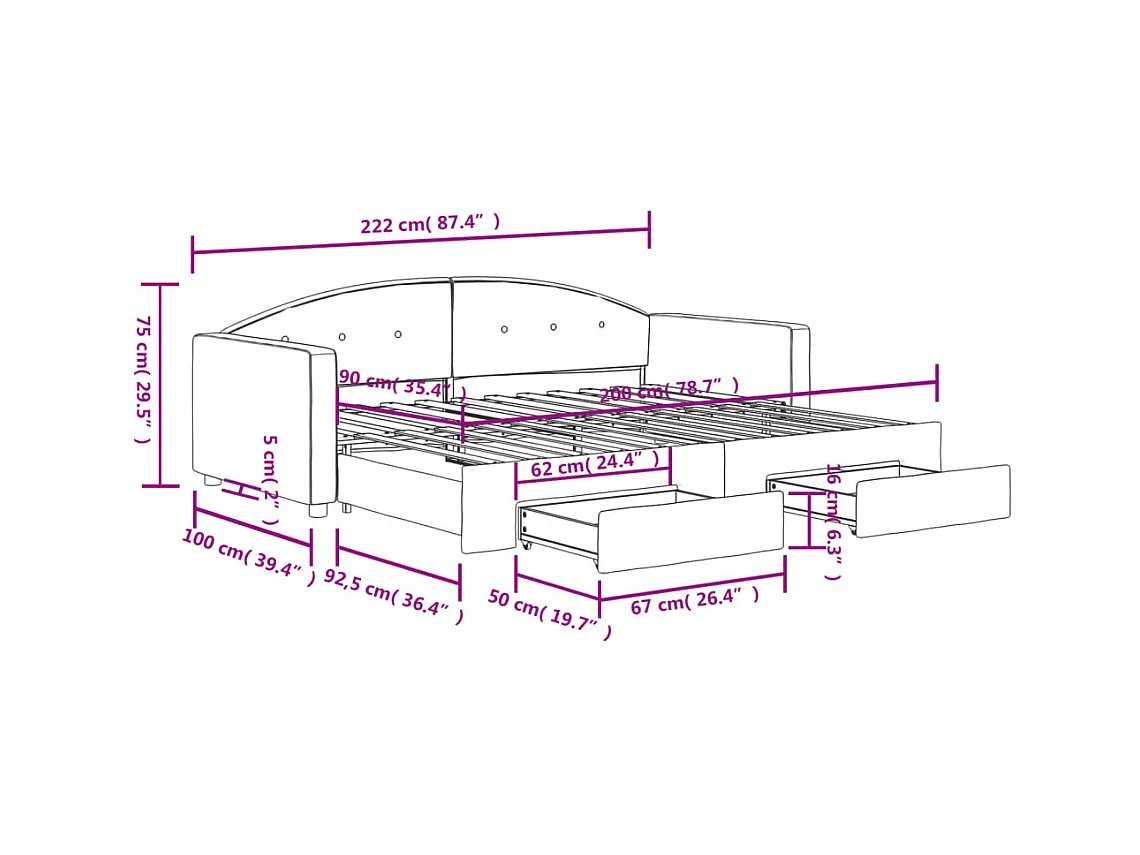 Dagbed met onderschuifbed en lades zonder matras roze 90x200 cm