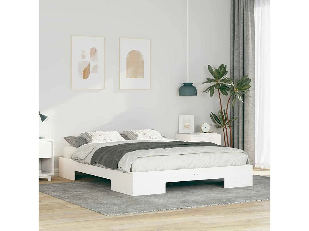 Cadre de lit surélevé Blanc 150 x 200 cm Bois massif en pin