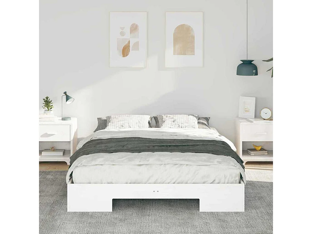Cadre de lit surélevé Blanc 150 x 200 cm Bois massif en pin
