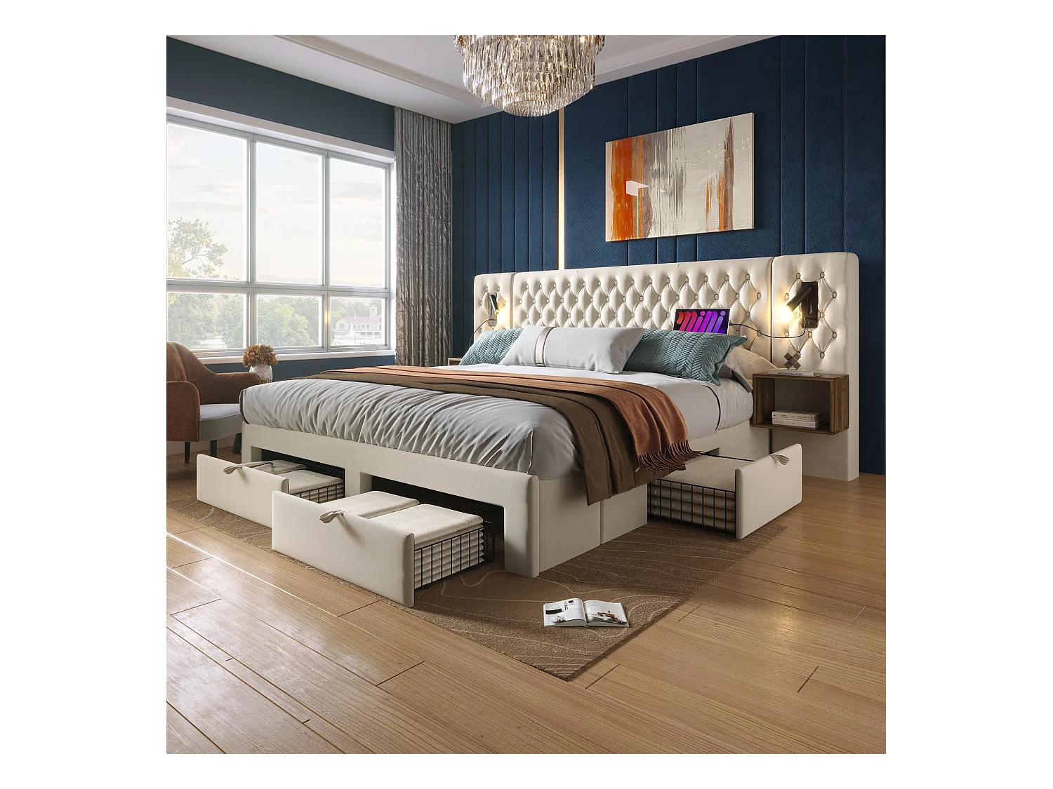 Tweepersoonsbed 180x200 cm met 2 nachtkastjes en 4 lades, hoofdbord met ledverlichting en USB-oplader, beige fluweel (267x213x105 cm)