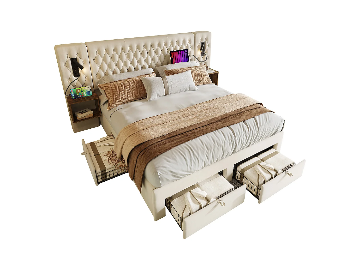 Tweepersoonsbed 180x200 cm met 2 nachtkastjes en 4 lades, hoofdbord met ledverlichting en USB-oplader, beige fluweel (267x213x105 cm)