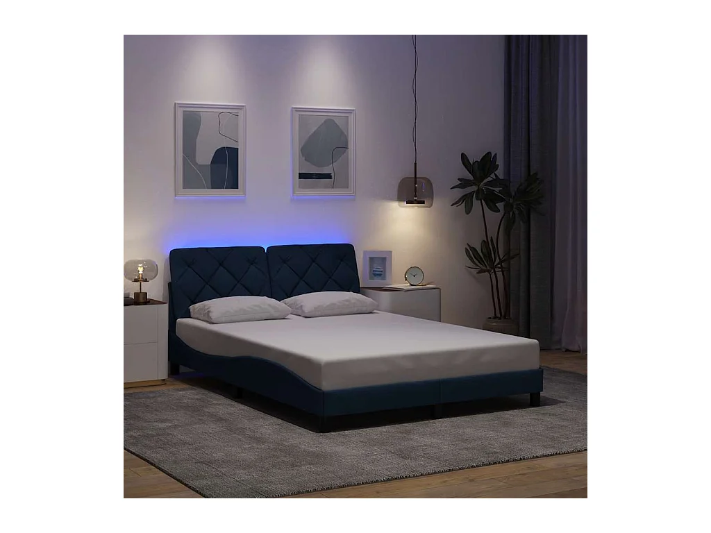 Cadre de lit avec LED sans matelas bleu 140x200 cm tissu