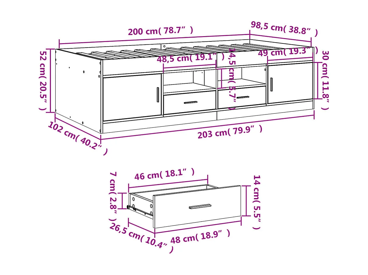 Tagesbett mit Schubladen ohne Matratze schwarz 100x200 cm