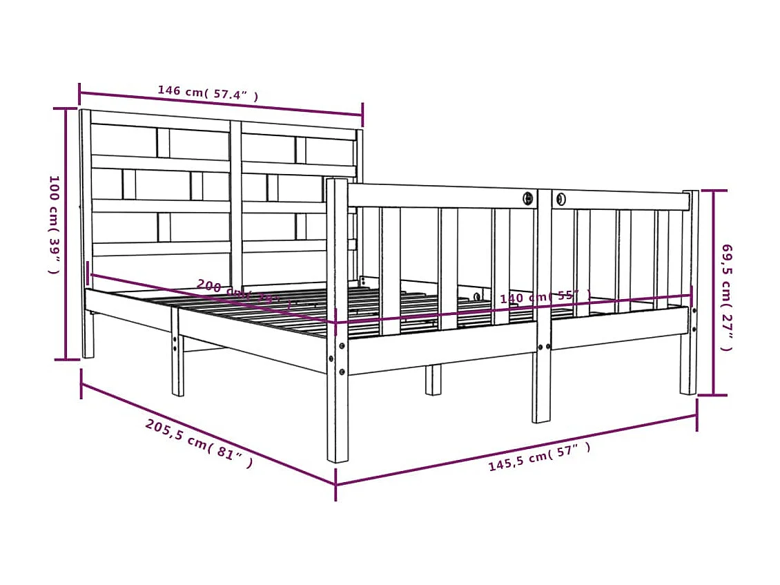 Estructura de cama de madera maciza sin colchón 140x200 cm