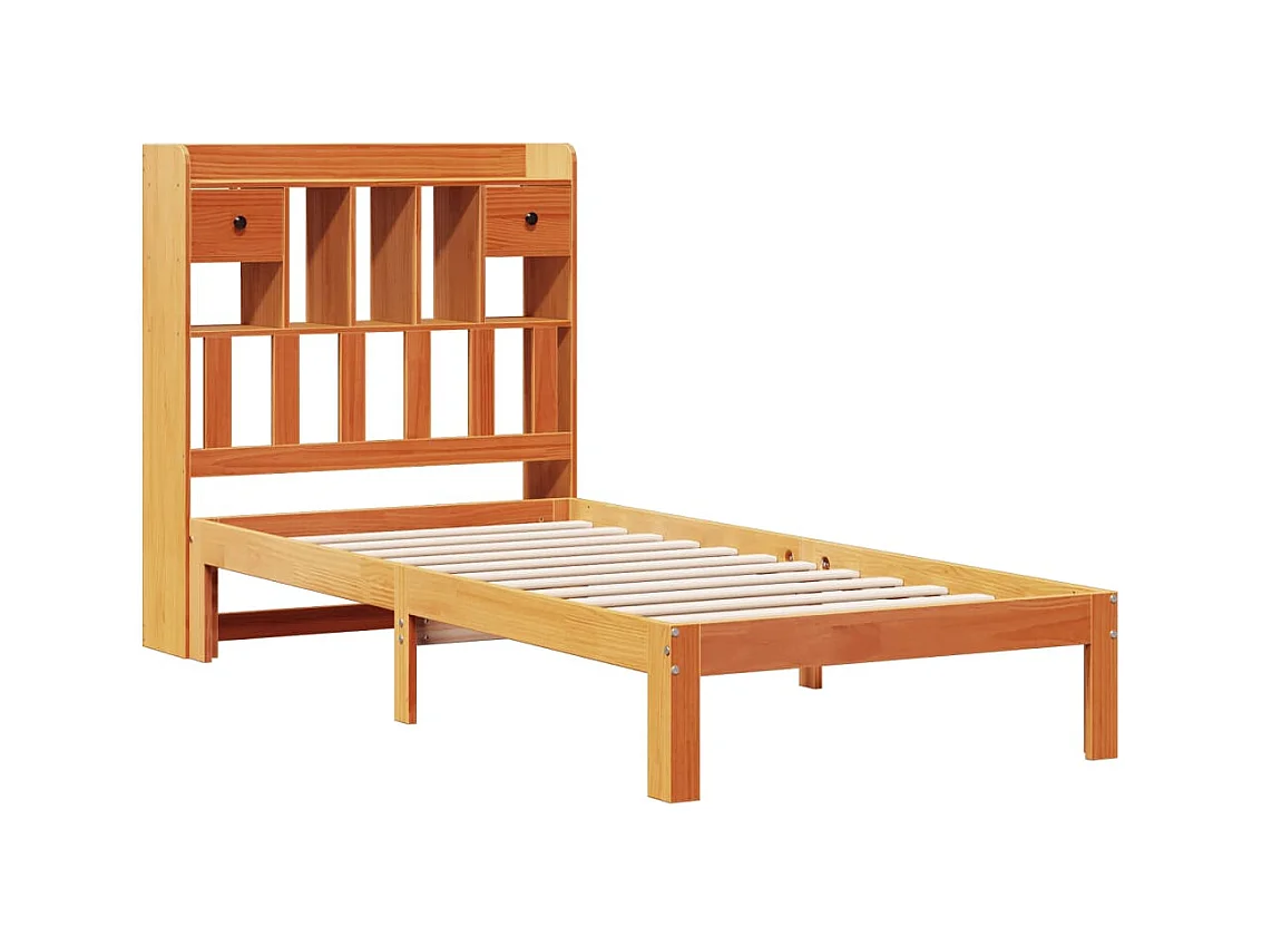 Cama librería sin colchón, color marrón cera, 100x200 cm, pino macizo
