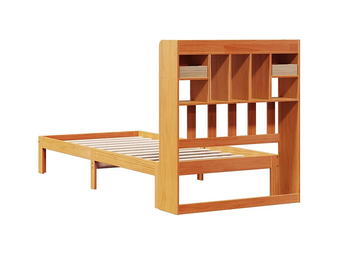 Cama librería sin colchón, color marrón cera, 100x200 cm, pino macizo