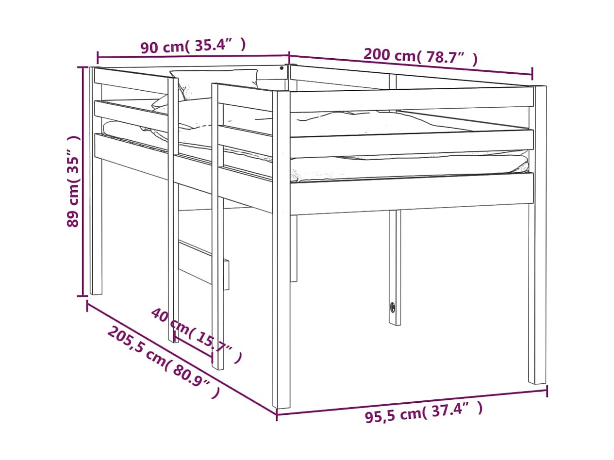 Lit haut sans matelas 90x200 cm bois de pin massif