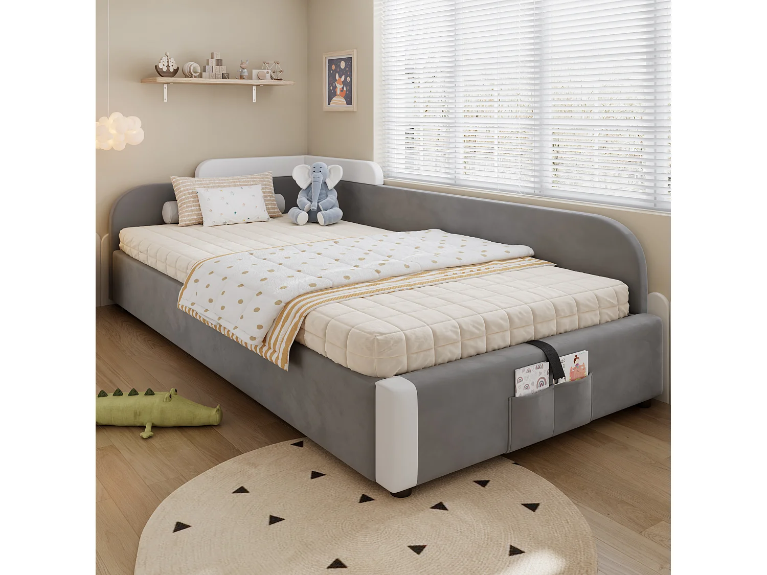 Kinderbed 90x200 cm met hydraulische opberging, uitvalbeveiliging, grijze fluwelen stof (205x93,5x71 cm)