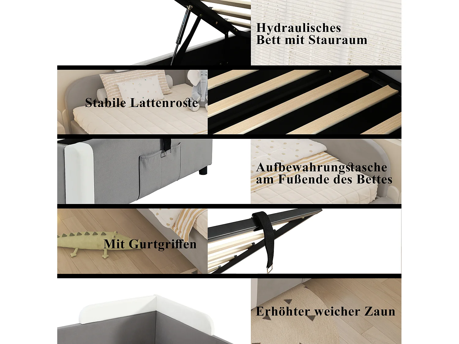 Kinderbed 90x200 cm met hydraulische opberging, uitvalbeveiliging, grijze fluwelen stof (205x93,5x71 cm)