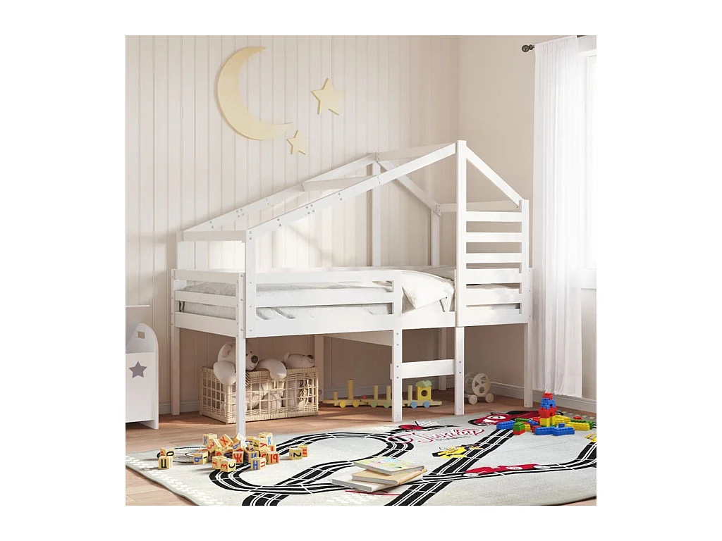 Cama alta sin colchón blanca 80x200 cm madera maciza de pino