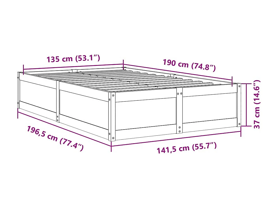 Struttura letto senza materasso, cera marrone, 135x190cm, legno massello di pino