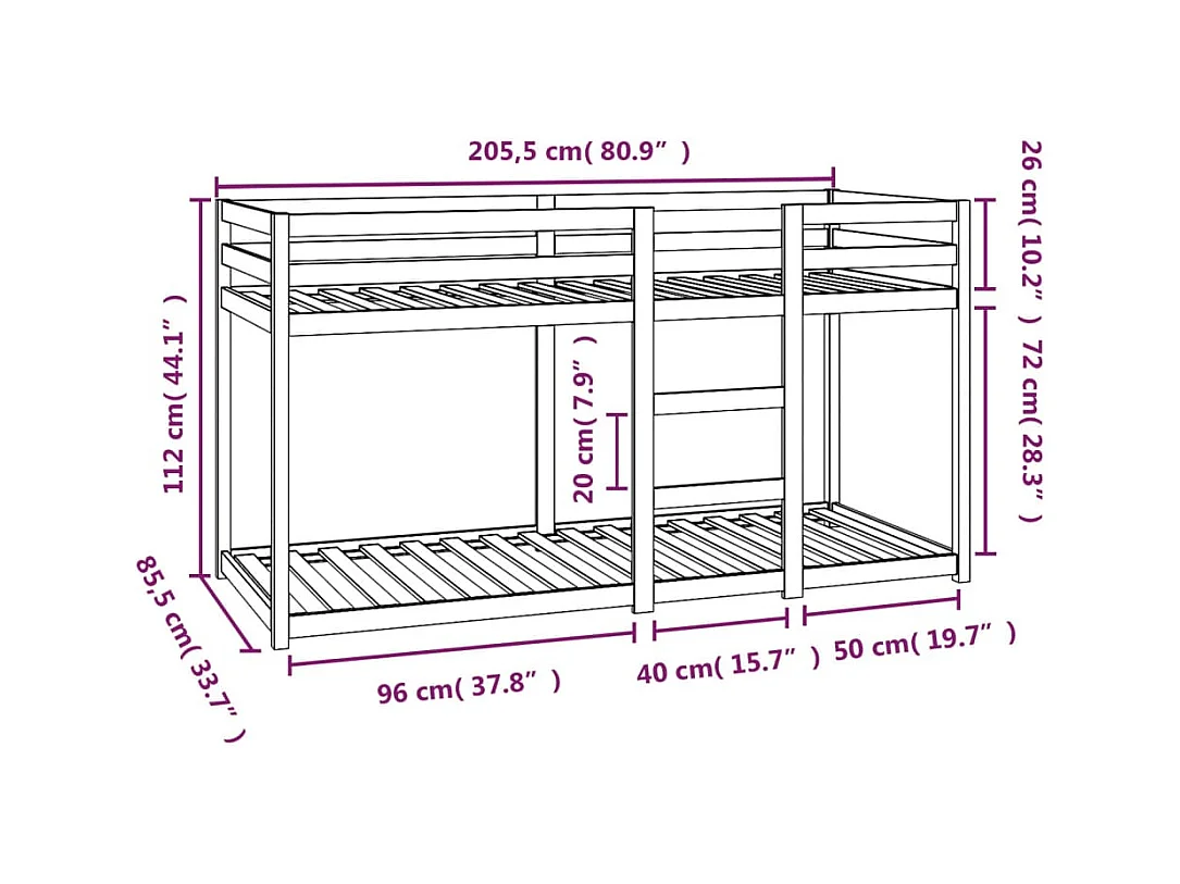 Lit superposé sans matelas blanc 80x200 cm bois de pin massif