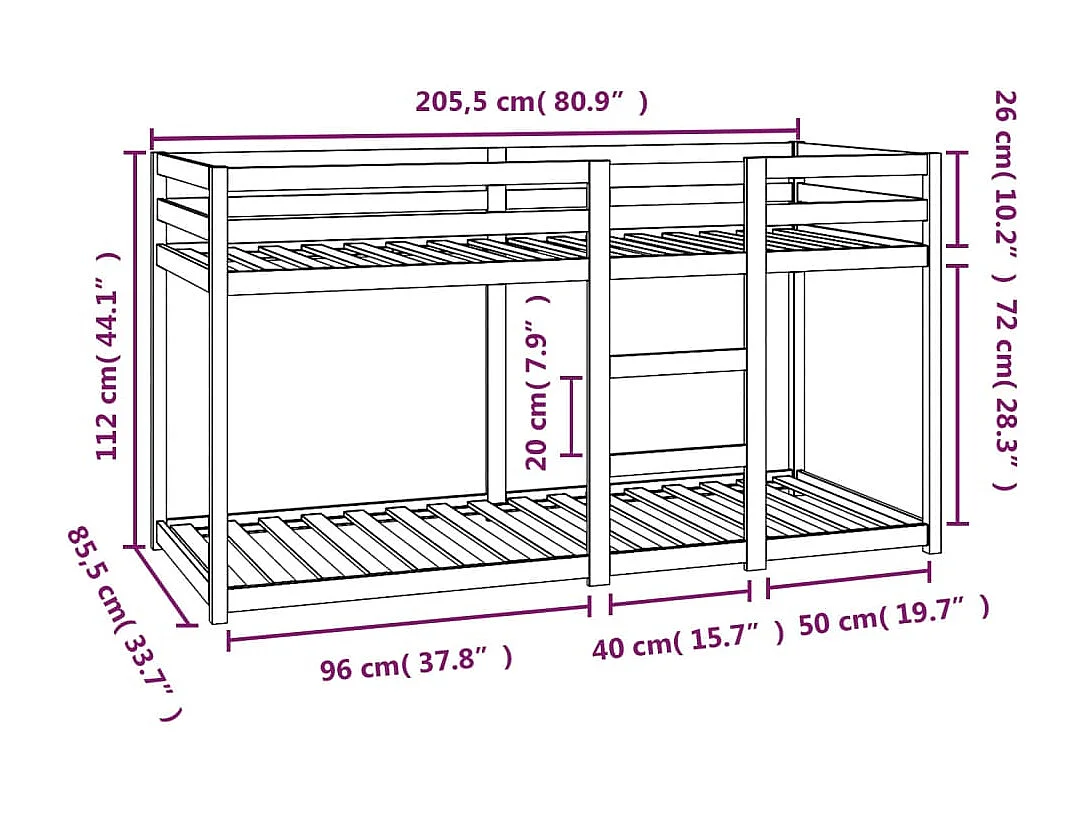 Lit superposé sans matelas blanc 80x200 cm bois de pin massif