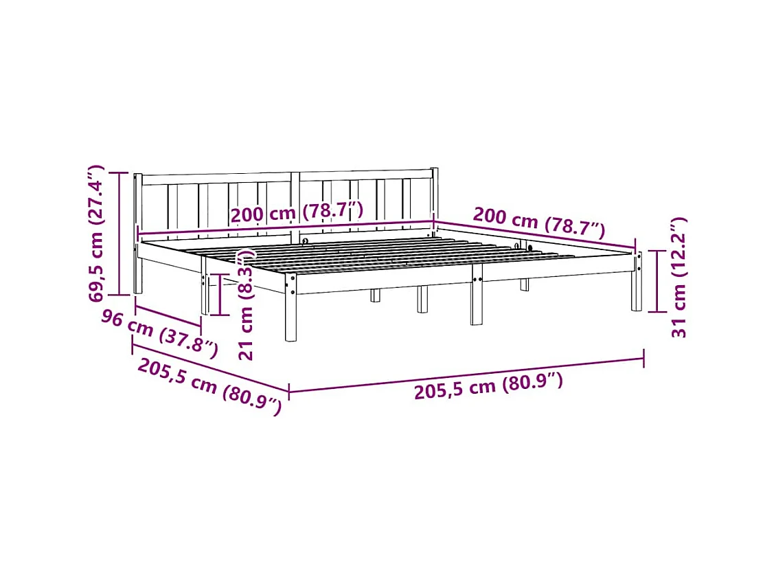 Struttura letto senza materasso in legno massello nero 200x200 cm