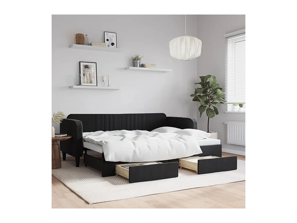 Divano letto con rotelle e cassetti senza materasso nero 80x200 cm