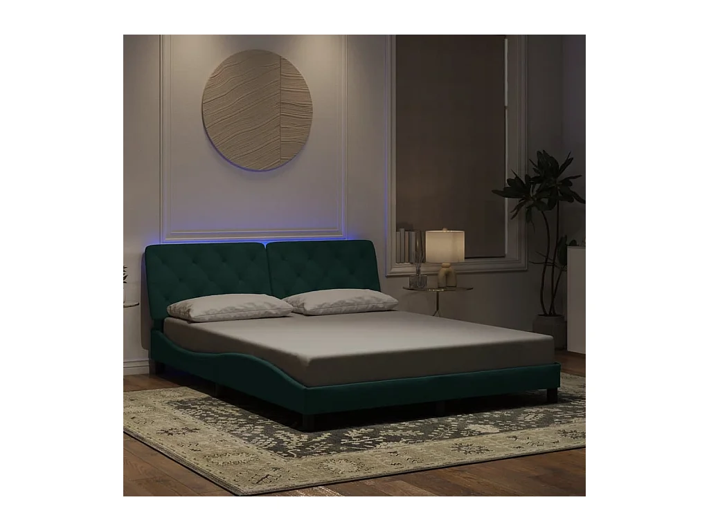 Cadre de lit avec lumières LED vert foncé 160x200 cm velours