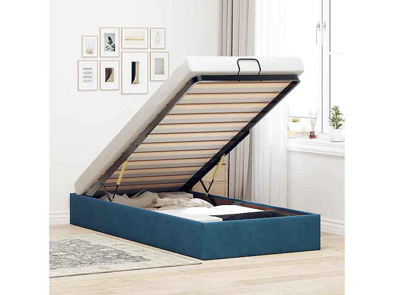 Cadre de lit ottoman sans matelas bleu foncé 100x200 cm velours