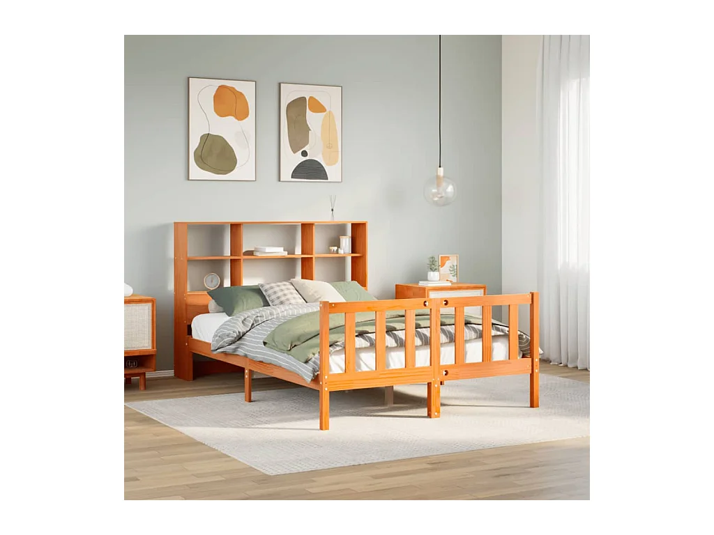 Letto libreria senza materasso, cera marrone, 140x200 cm, pino massiccio